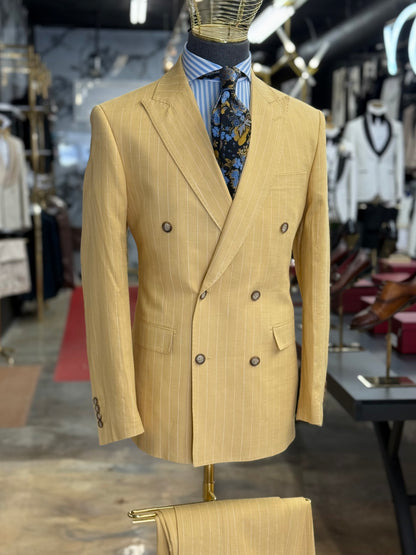 Mustard Pinstripe Double-Breasted Suit 100% Linen