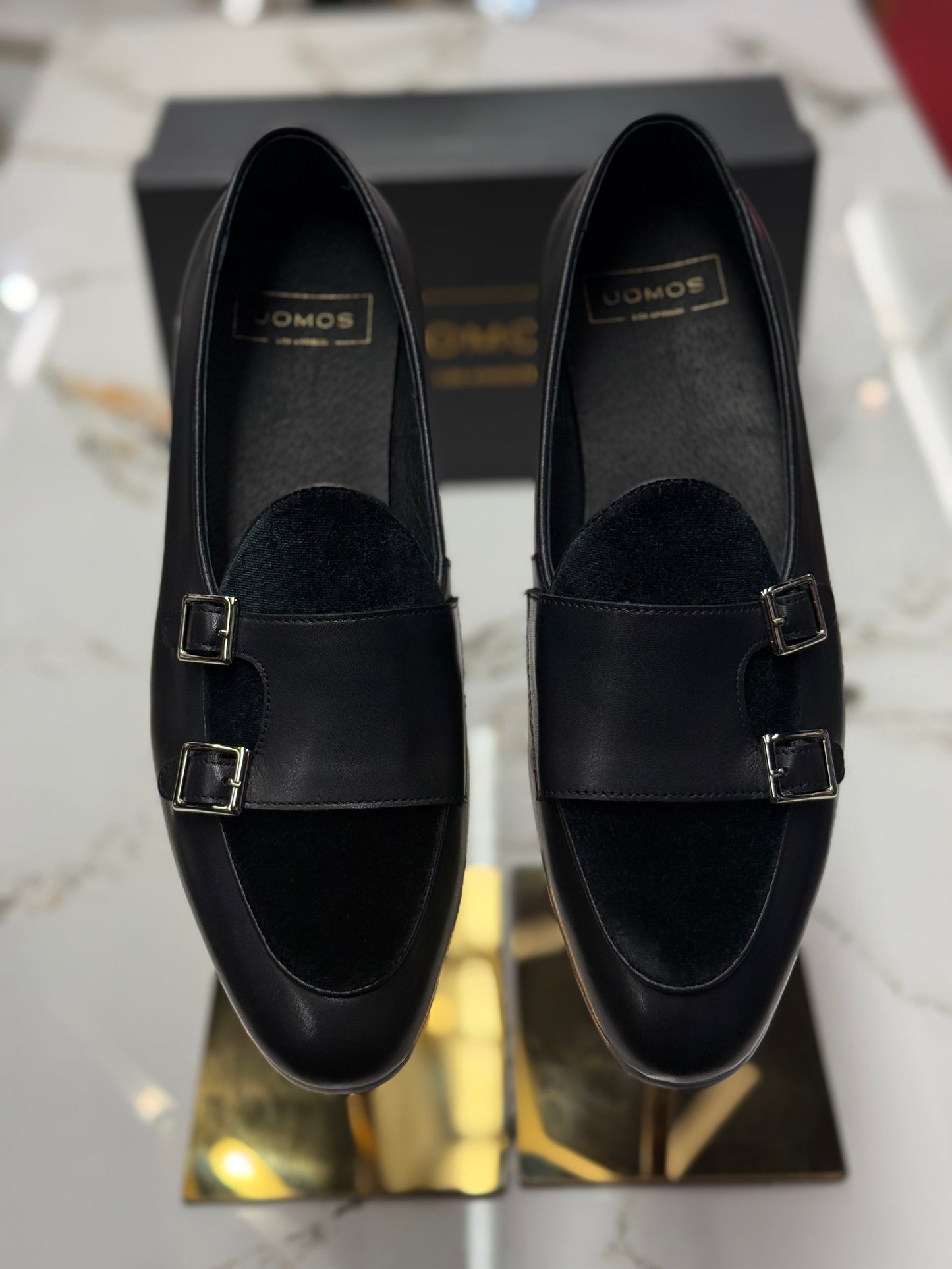 Uomos Black Leather double monk velvet loafers