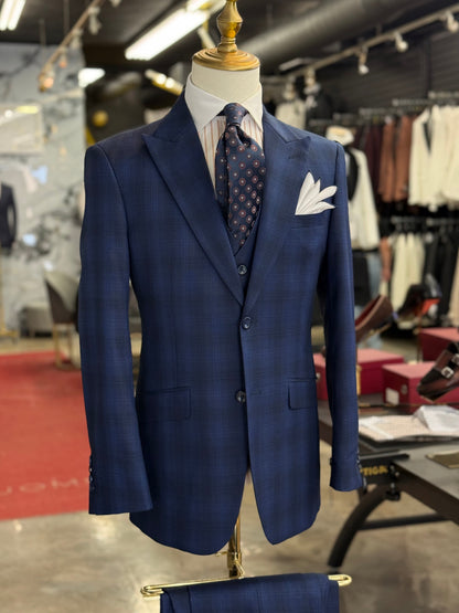 Textured Glen Check Indigo Three Pieces Vested Suit