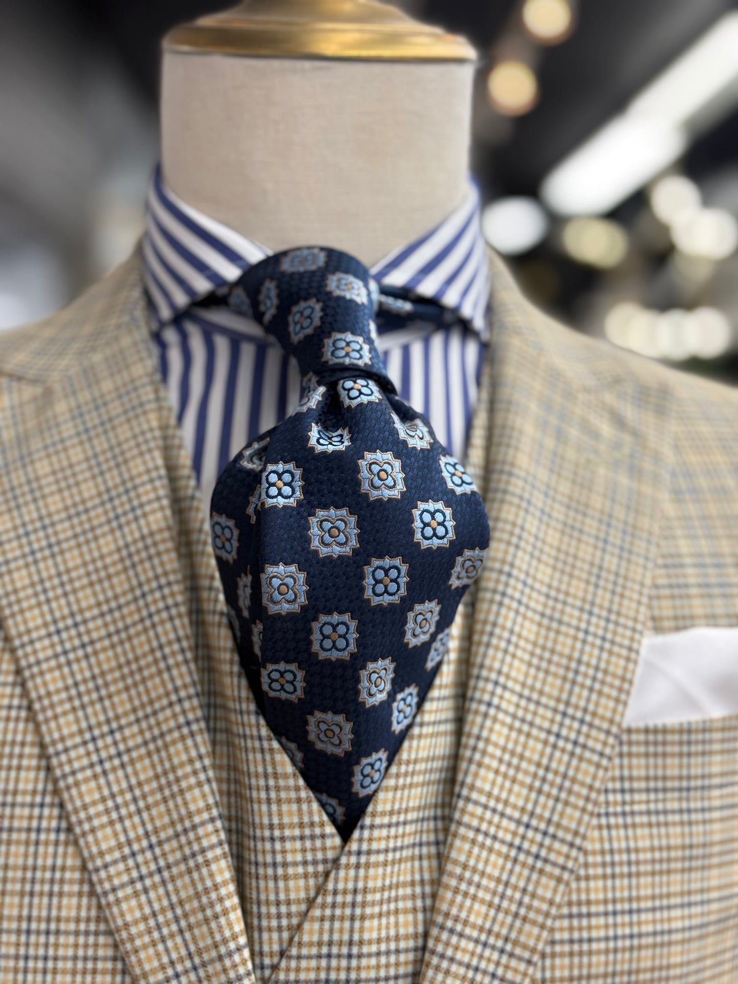 Necktie Navy, ligth Blue and Gold  Medallion