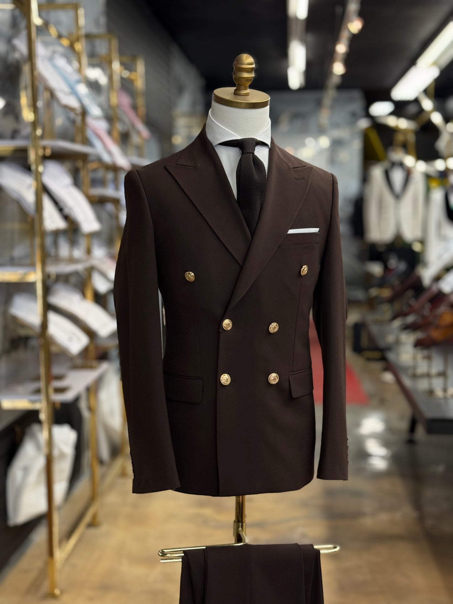 Chocolate Double Breasted | Gold buttons. Euro Suit