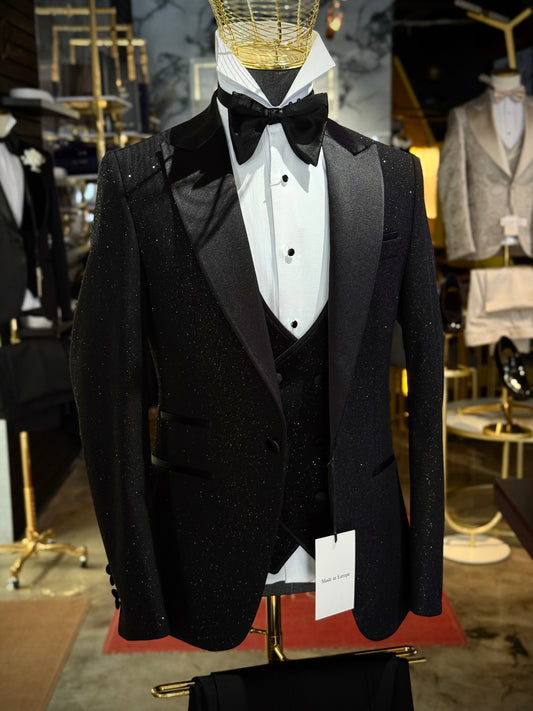 Black Glitter Shawl Lapel Tuxedo – Luxury 3 Piece
