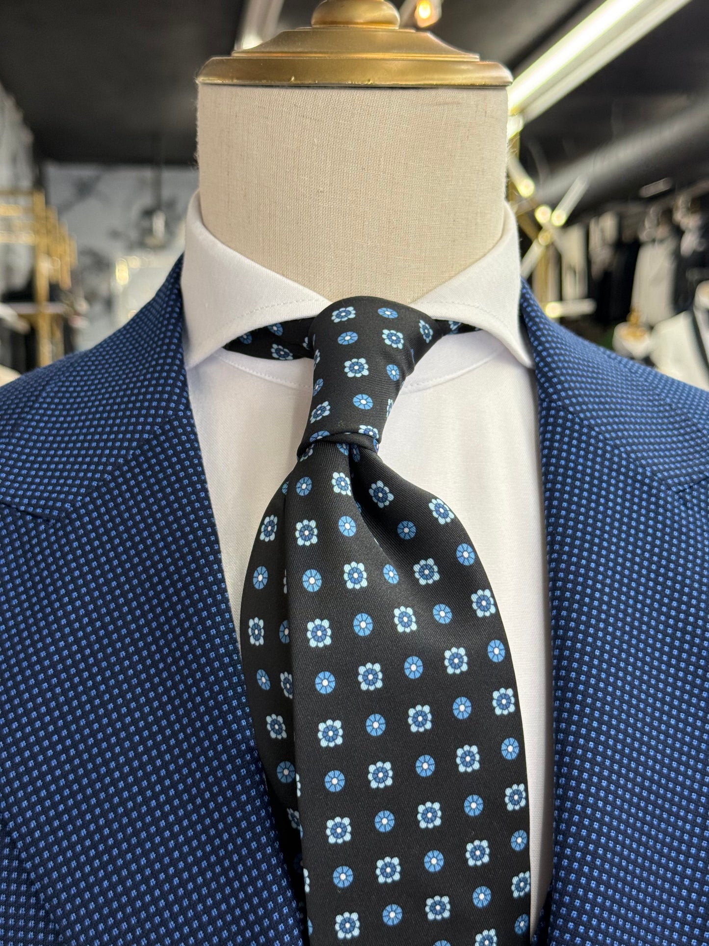 Necktie Small Medallion and Floral Black and Blue