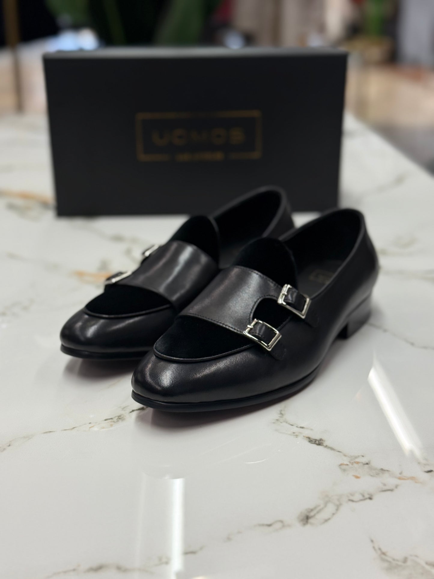 Uomos Black Leather double monk velvet loafers