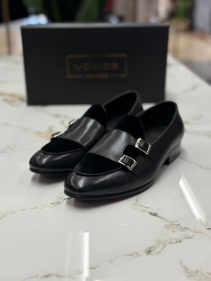 Uomos Black Leather double monk velvet loafers