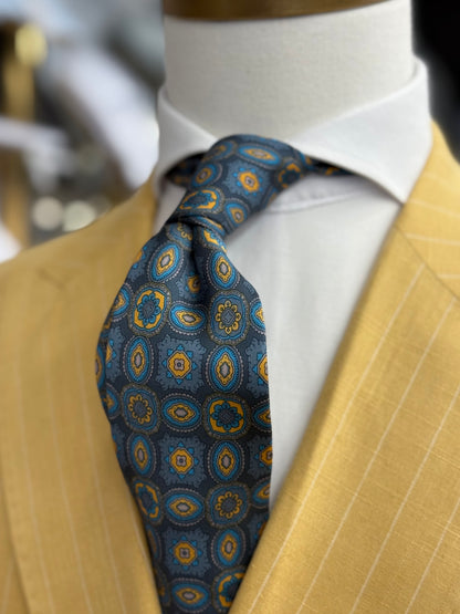 Necktie Slate Blue and Gold Azure Medallion