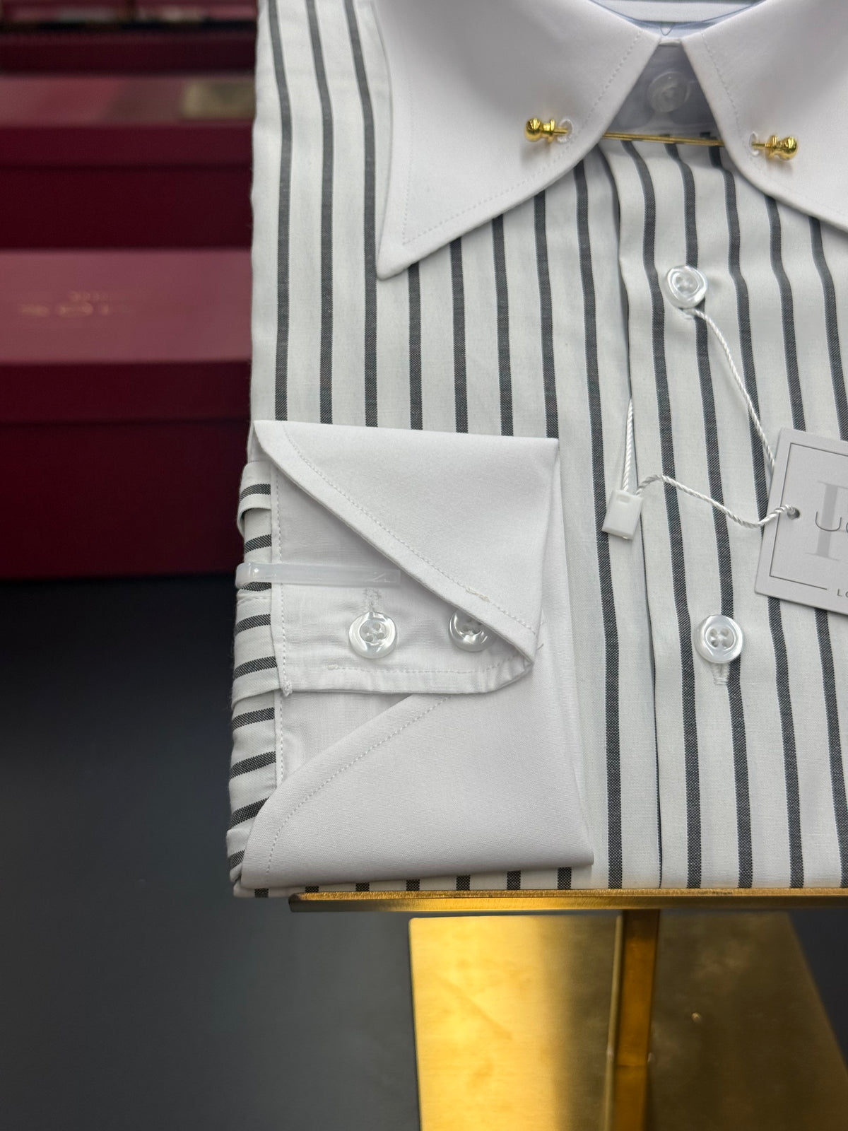 White & Black Stripe Point Pin Collar Shirt with Neapolitan Cuffs