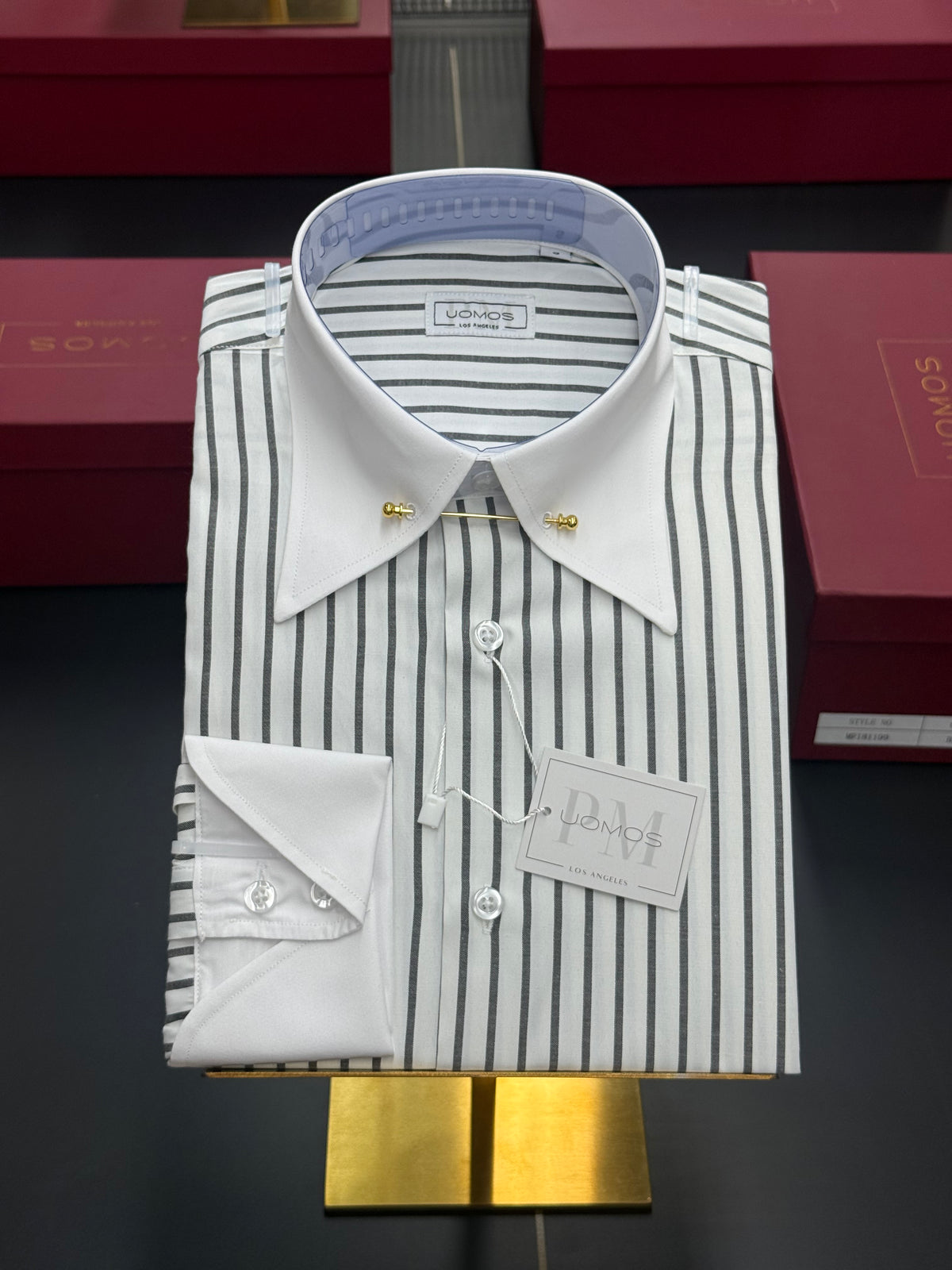 White & Black Stripe Point Pin Collar Shirt with Neapolitan Cuffs