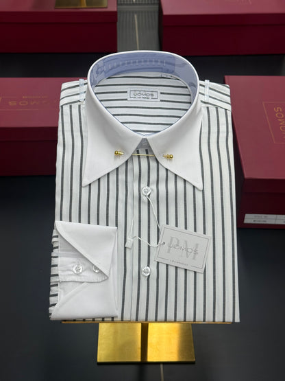 White & Black Stripe Point Pin Collar Shirt with Neapolitan Cuffs