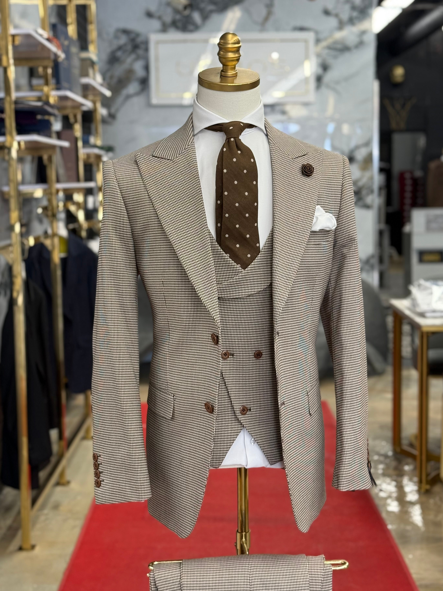 Chocolate & Beige Micro Houndstooth Wide Peak Lapel Suit