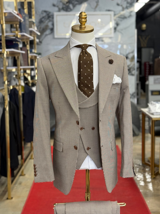 Chocolate & Beige Micro Houndstooth Wide Peak Lapel Suit