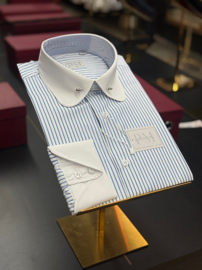 White & Blue Stripe Club Pin Collar Shirt with Neapolitan Cuffs