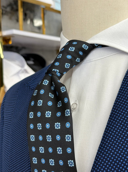 Necktie Small Medallion and Floral Black and Blue