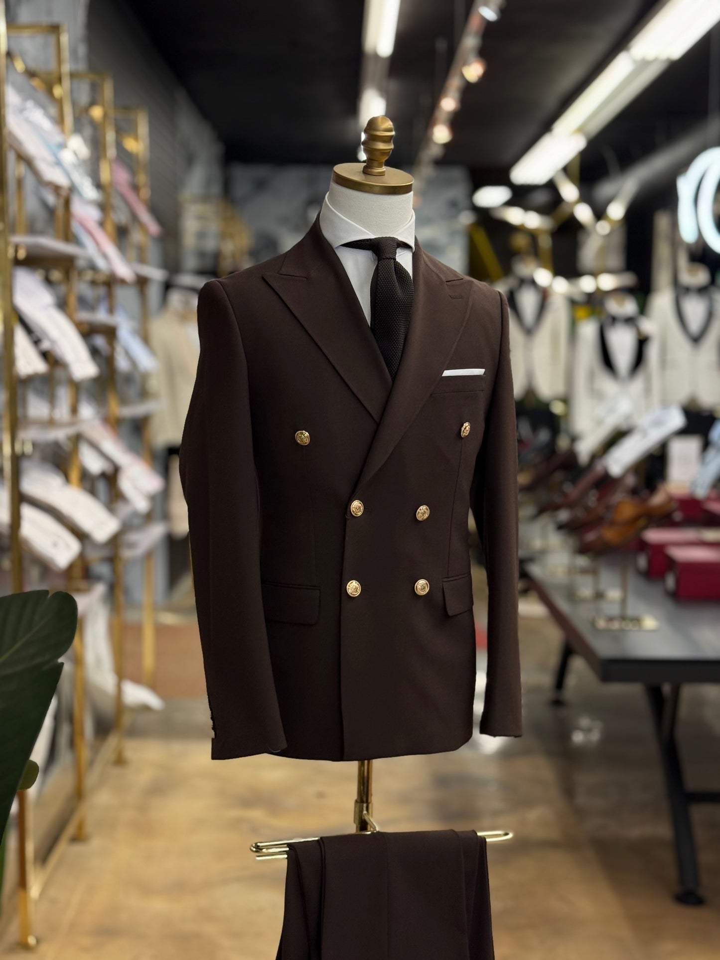 Chocolate Double Breasted | Gold buttons. Euro Suit