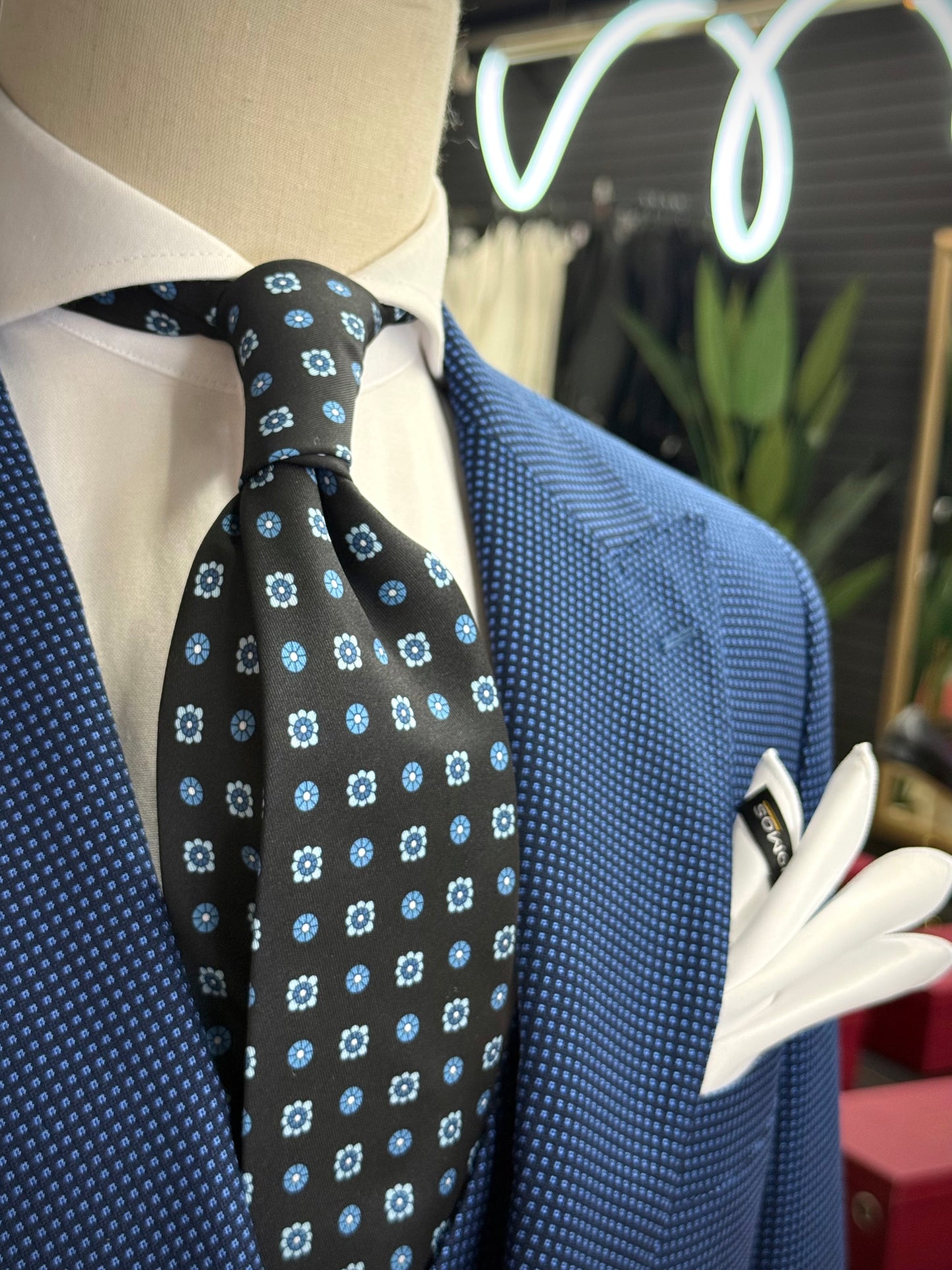 Necktie Small Medallion and Floral Black and Blue