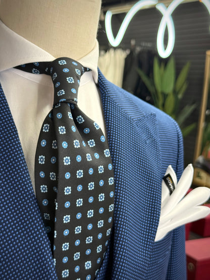 Necktie Small Medallion and Floral Black and Blue