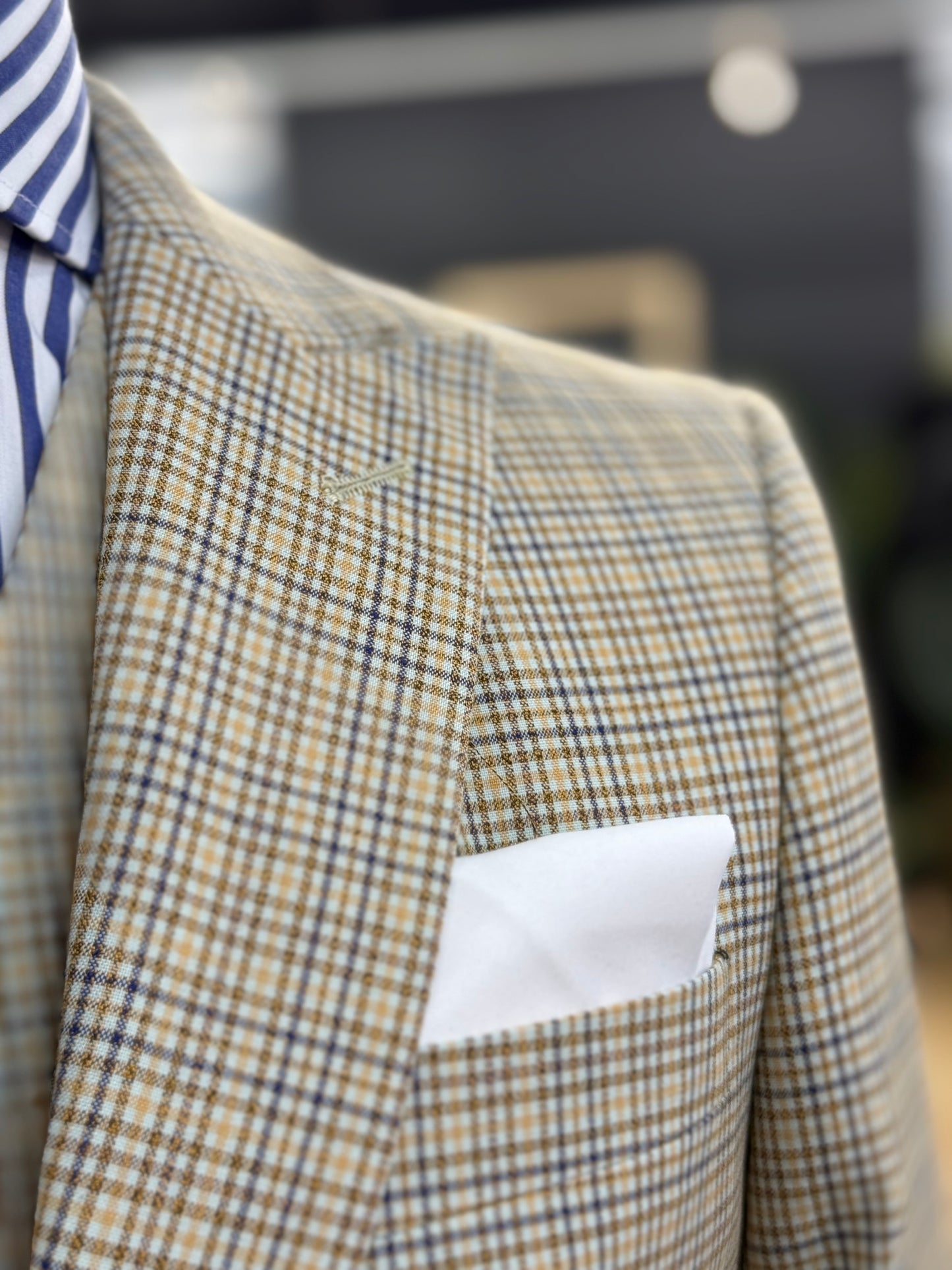 Light Beige with Blue & Brown Check Pattern Three Pieces Vested Suit