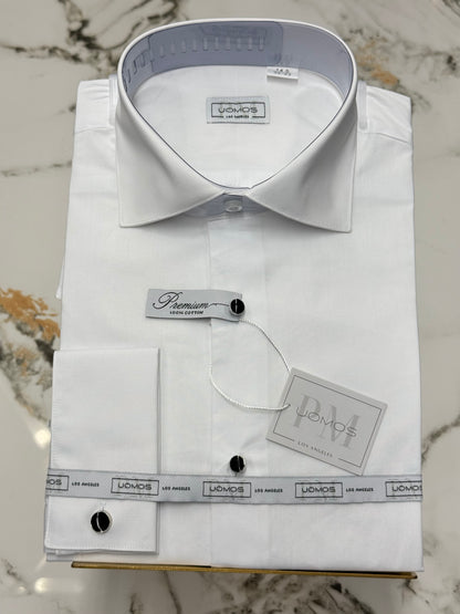 Tuxedo 100% Cotton White shirt, tuxedo buttons, spread collar, french cuffs.