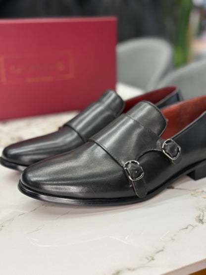 UOMOS black leather double monk loafers