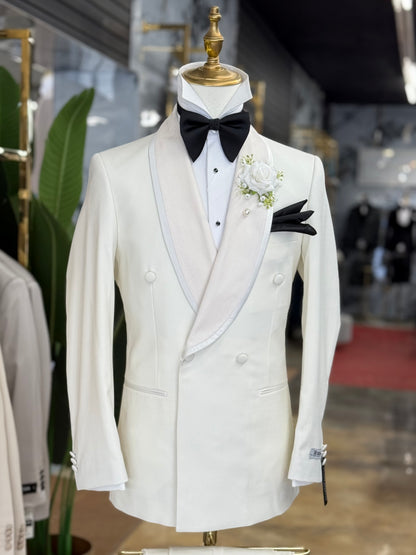 Ivory White Modern Fit Tuxedo Double Breasted Shawl Lapel