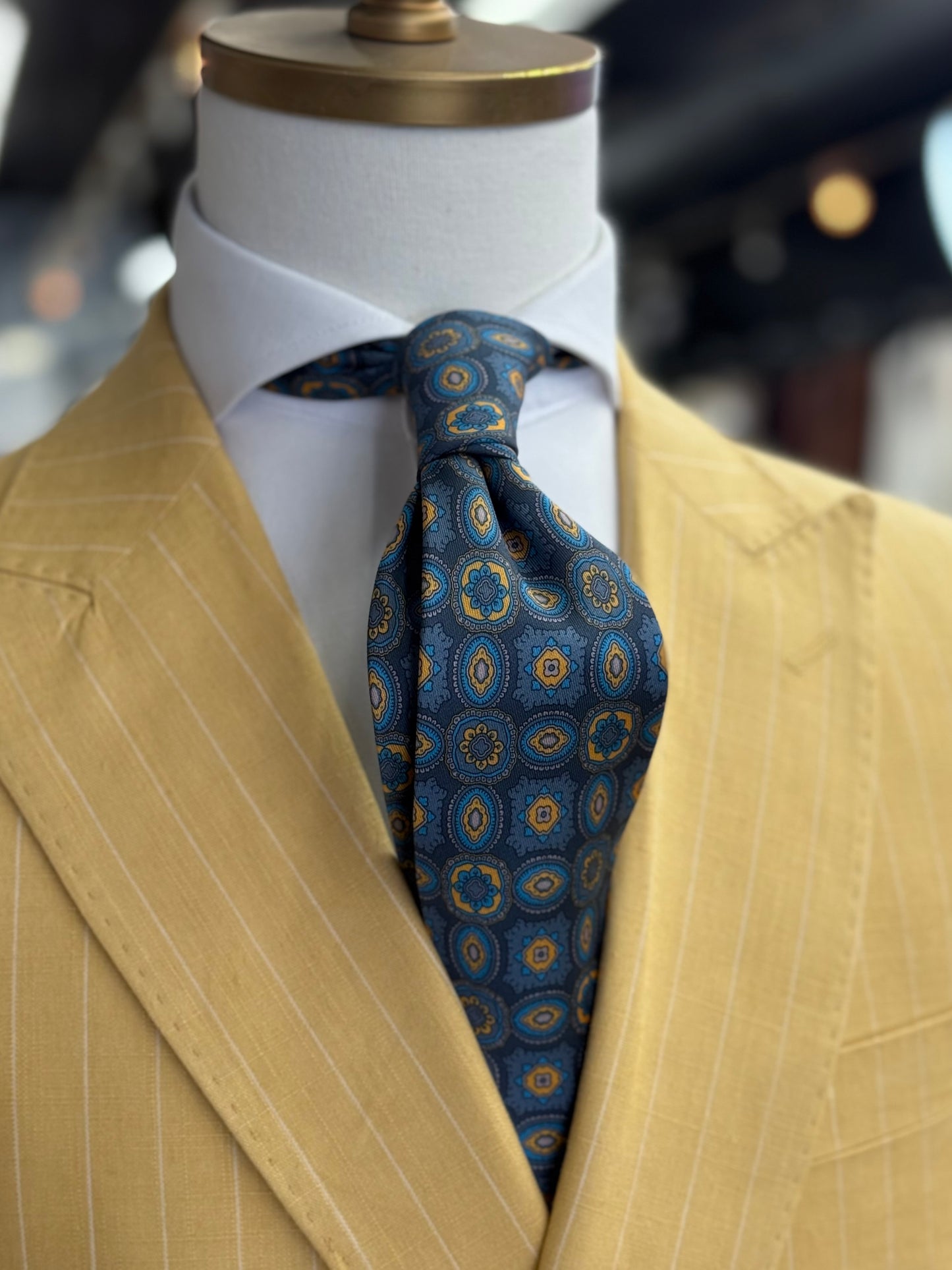 Necktie Slate Blue and Gold Azure Medallion