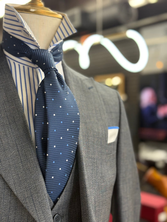 Necktie Navy & White and light blue polka dots