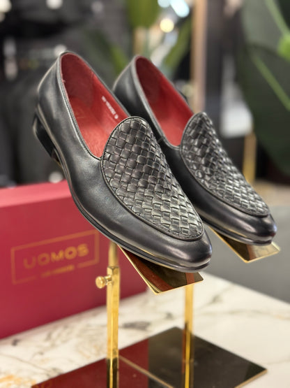 UOMOS Black leather knitted top loafers