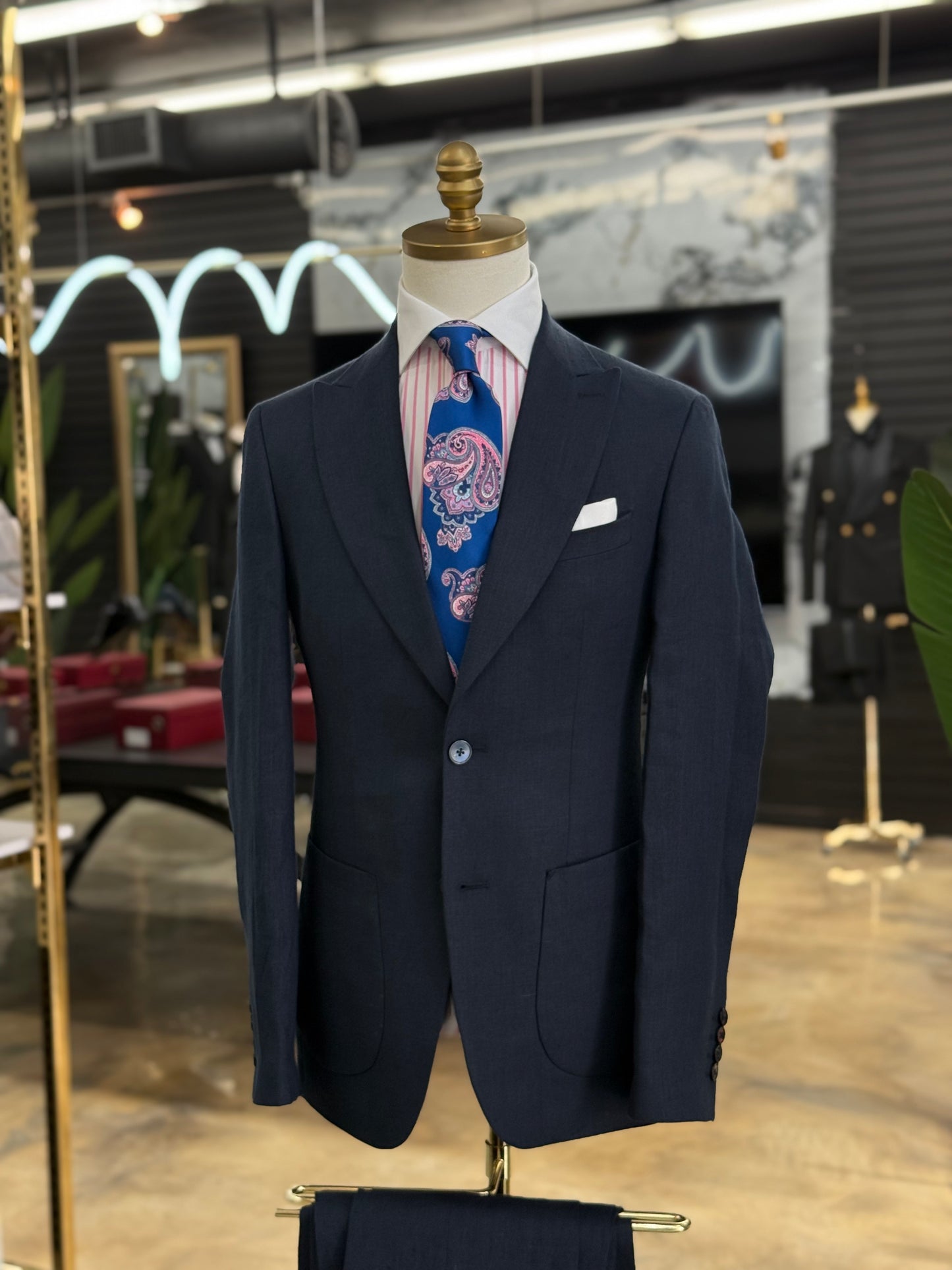 Navy Linen Two Pieces Wide Peak Lapel Suit