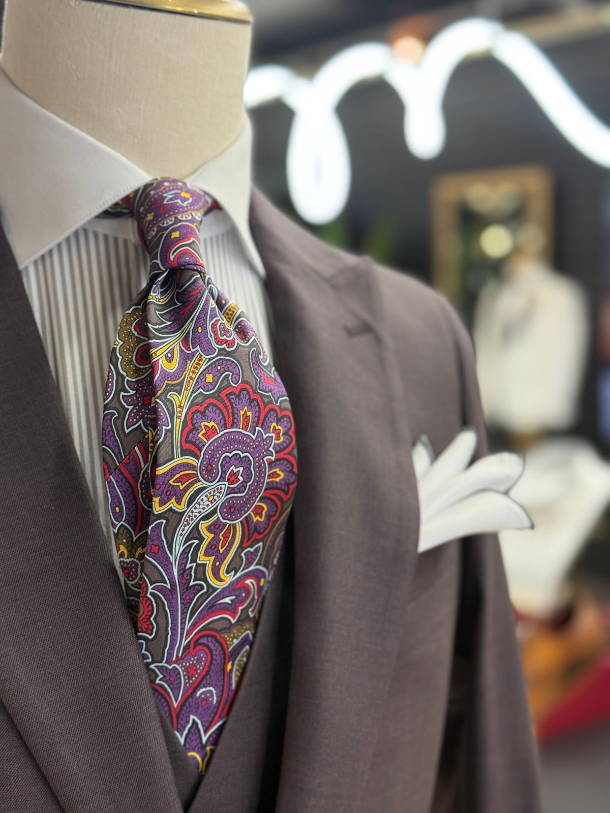 Necktie Bold Paisley Purple pattern with charcoal, red, gold, and ivory