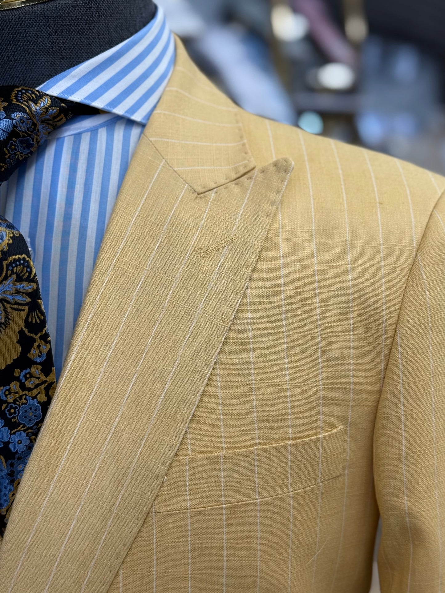 Mustard Pinstripe Double-Breasted Suit 100% Linen