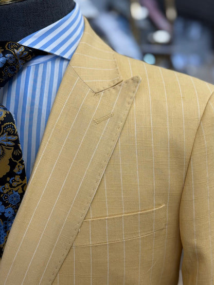Mustard Pinstripe Double-Breasted Suit 100% Linen