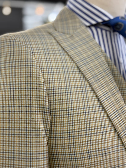 Light Beige with Blue & Brown Check Pattern Three Pieces Vested Suit
