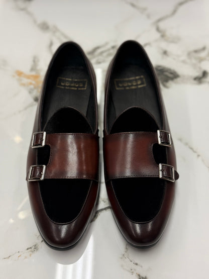 Uomos Brown Bordeaux Leather double monk velvet loafers