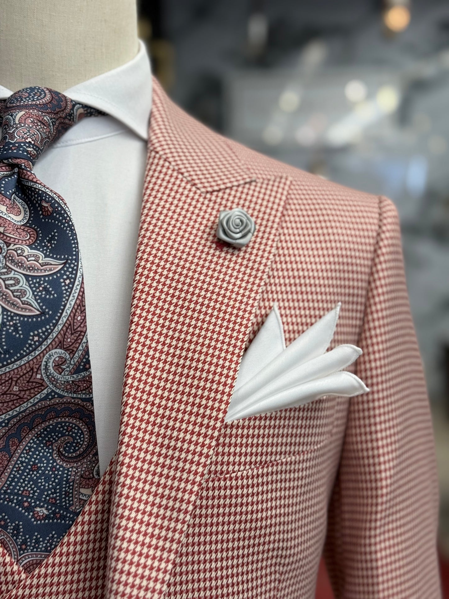 Vermilion Red Micro Houndstooth Wide Peak Lapel Suit