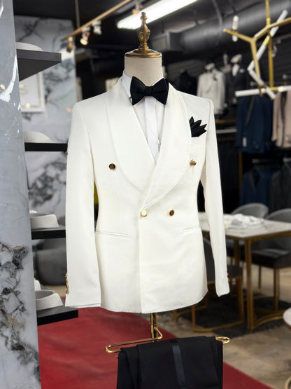 Off White Shawl Lapel & Gold buttons Tuxedo Double Breasted