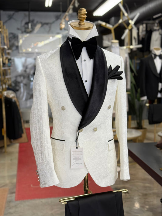Off White Ivory Shawl Lapel Velvet Edition