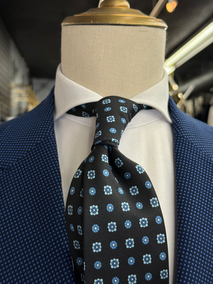 Necktie Small Medallion and Floral Black and Blue