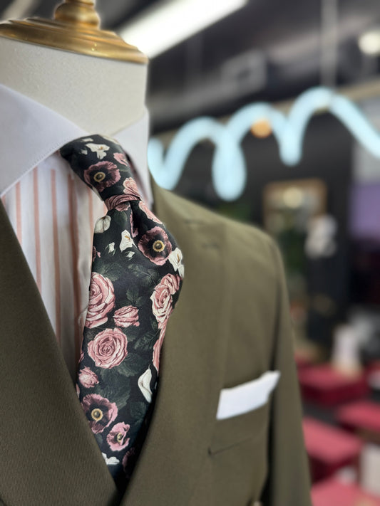 Necktie Floral Dusty Rose & Green, Black