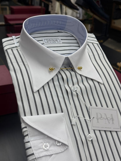 White & Black Stripe Point Pin Collar Shirt with Neapolitan Cuffs