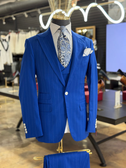 Royal Cobalt Blue Pinstripe 
Wide Peak Lapel Suit