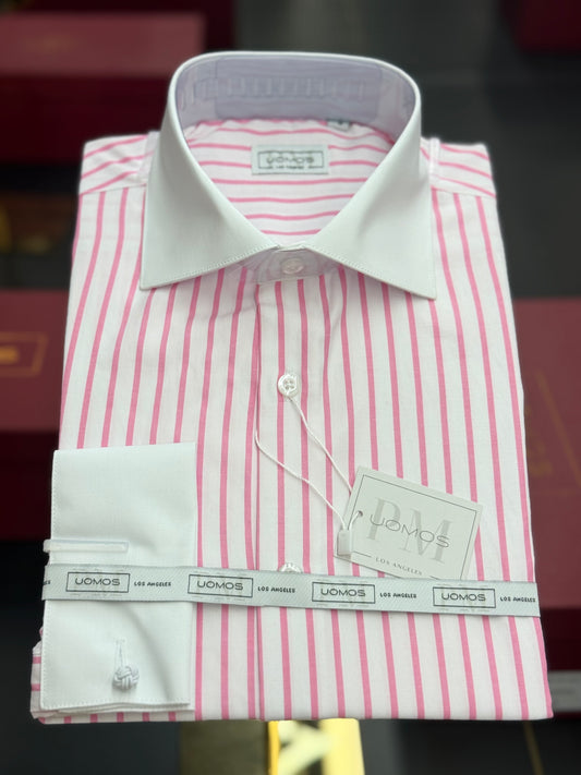 White spread collar / Pink striped cotton shirt slim
