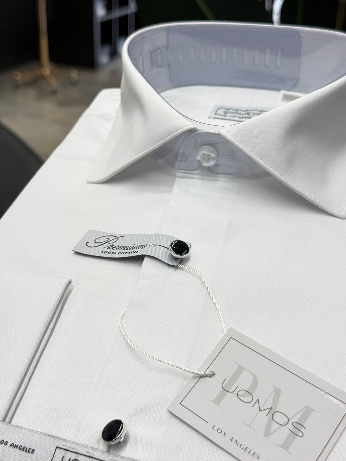 Tuxedo 100% Cotton White shirt, tuxedo buttons, spread collar, french cuffs.