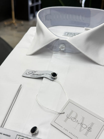Tuxedo 100% Cotton White shirt, tuxedo buttons, spread collar, french cuffs.