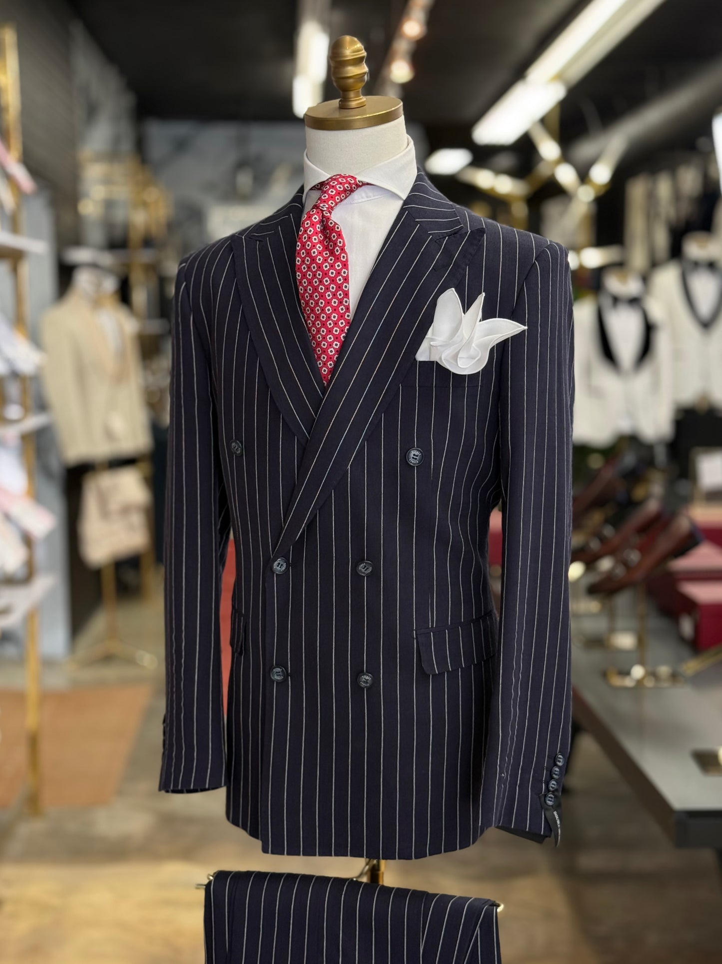 Regent Navy Pinstripe Double-Breasted Suit 100% Linen