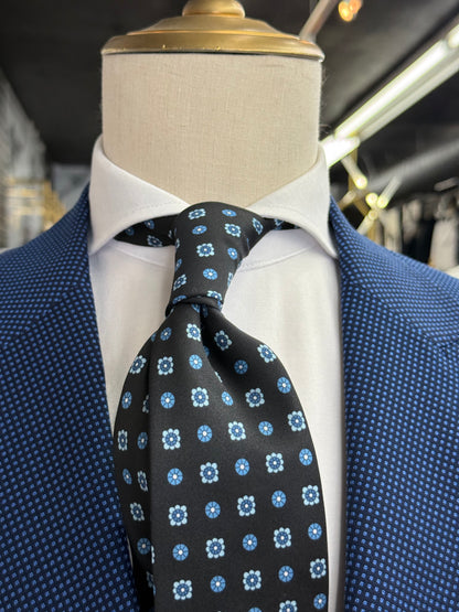 Necktie Small Medallion and Floral Black and Blue