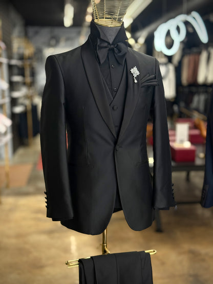Black Shiny Lustrous Shawl Lapel Black Tuxedo