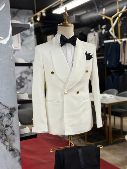 Off White Shawl Lapel & Gold buttons Tuxedo Double Breasted