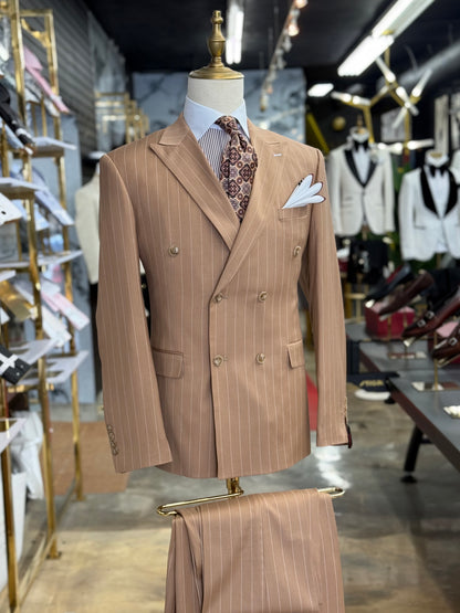 Camel Double-Breasted Pinstripe Suit