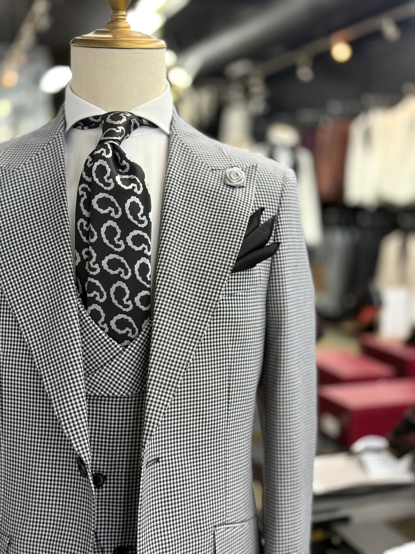 Black & White Micro Houndstooth Wide Peak Lapel Suit