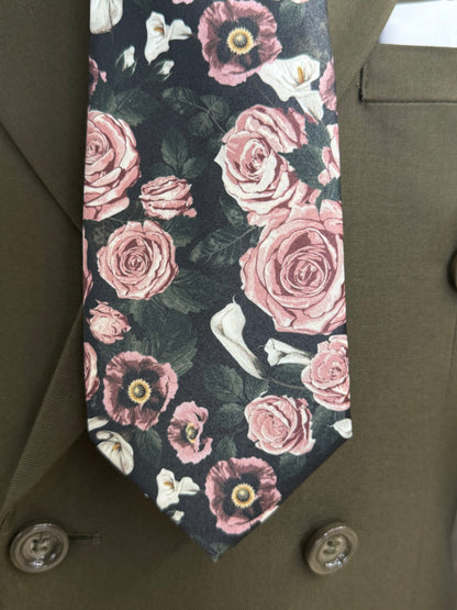 Necktie Floral Dusty Rose & Green, Black